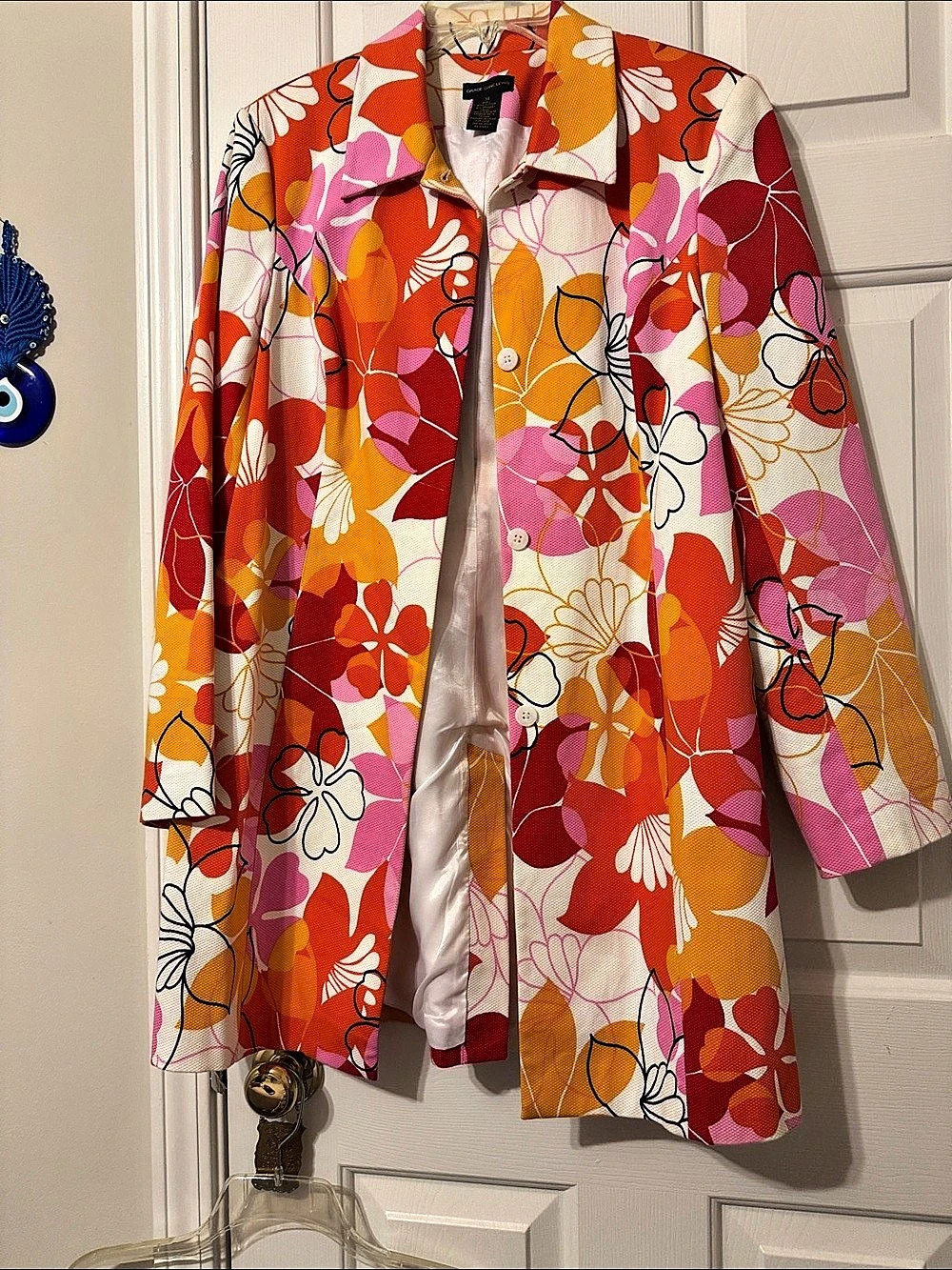 Grace Dane Lewis Floral Cotton Blend Jacket Orange & Pink Size 14 Like New